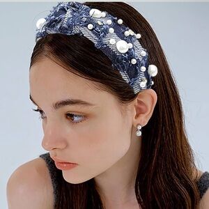 Pearl Embellished dark denim Blue Headband nwt